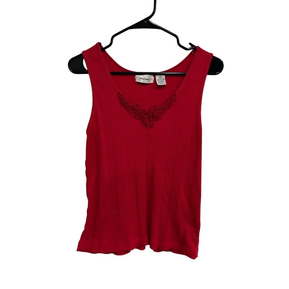 Extra Touch Sleeveless Ribbed Tank Top Red Plus Sz 2X Floral Lace Textured Boho